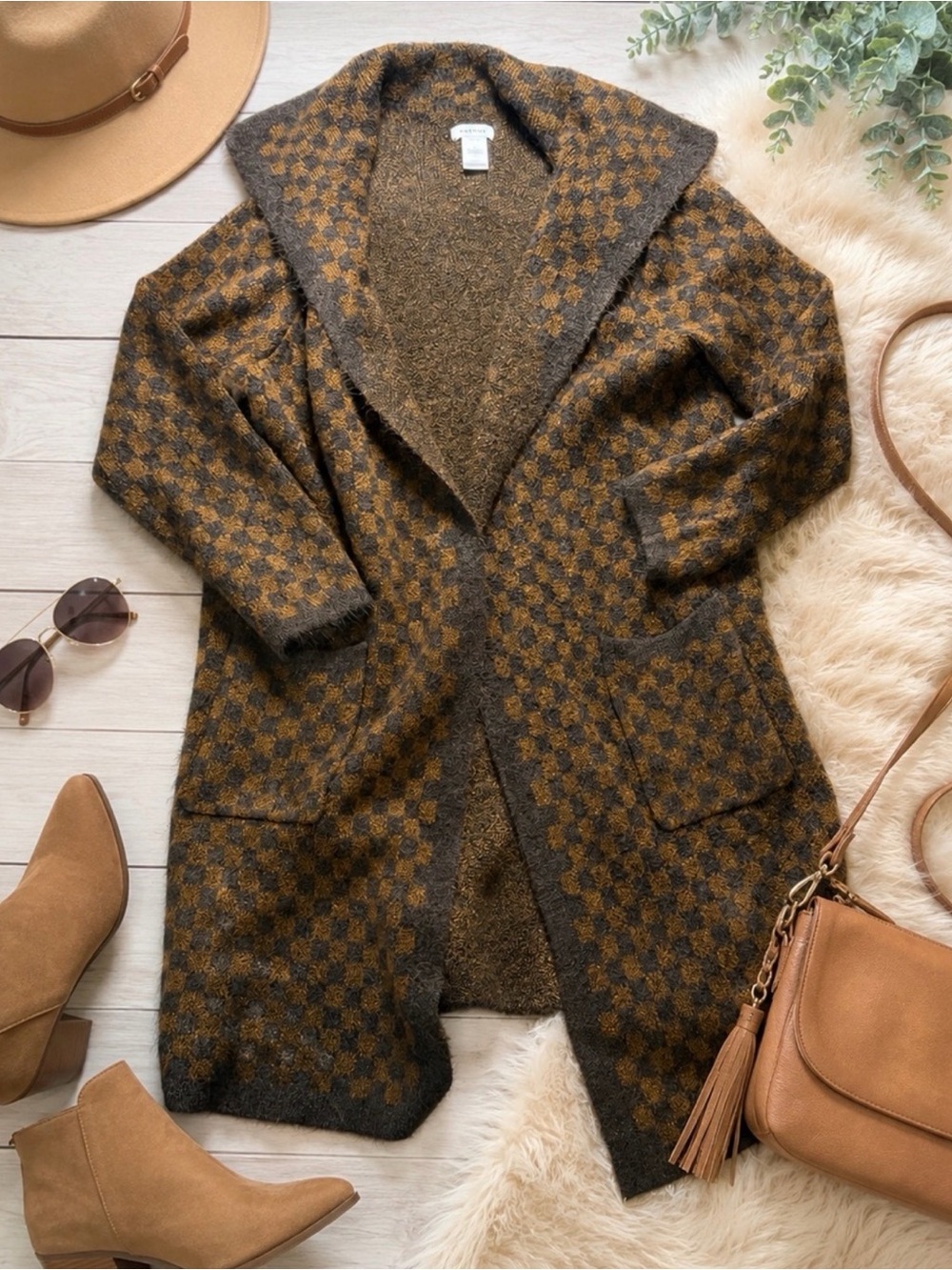 Max Studio Brown Gold Checkered Hooded Longline Cardigan Sweater L